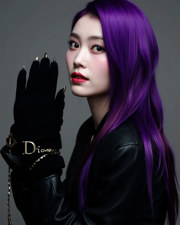 Shiny purple hair, western make up , black outfit , , sexy    , shiny hairs , very stunning , dior , ถ่ายแบบ 