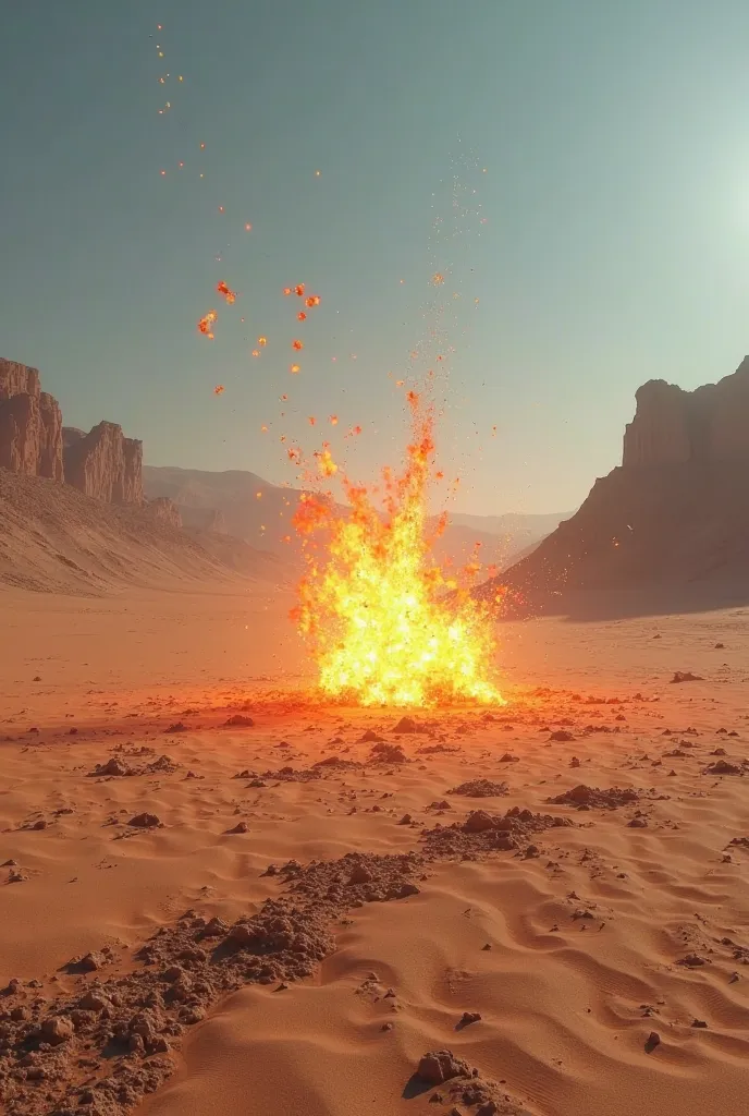 A very small fireball explodes in the desert 