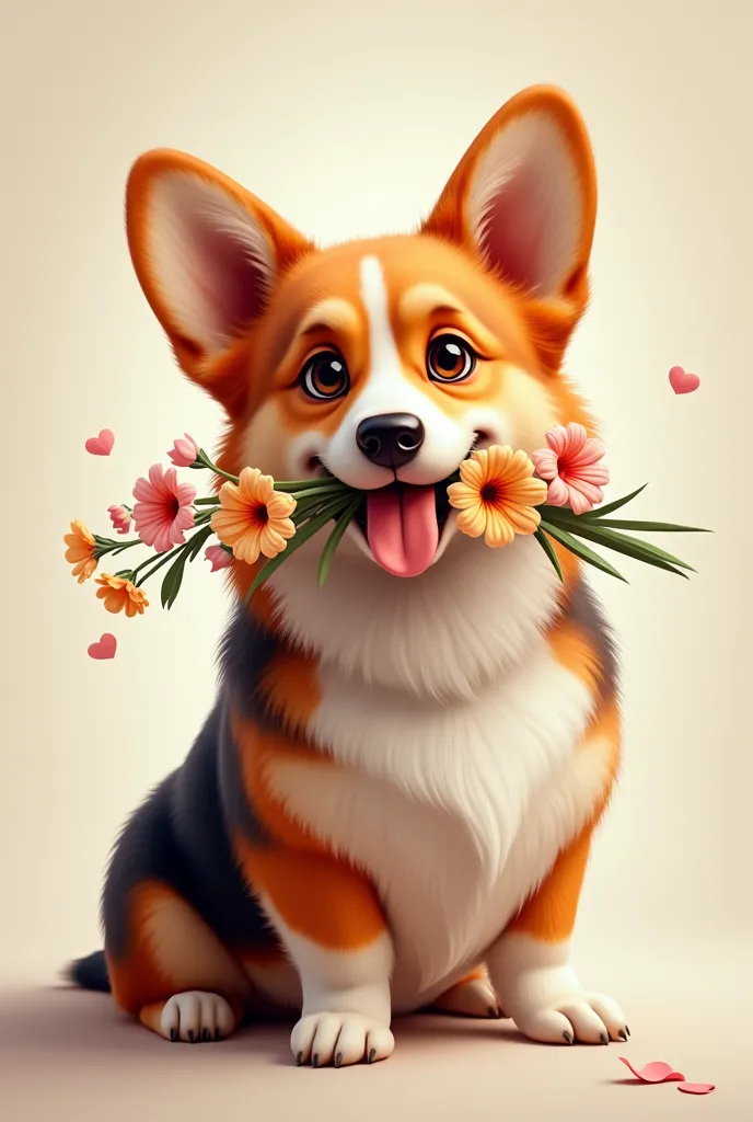 Photo, Realistic photo, A red corgi with a black back holds flowers in his teeth, corgi congratulates, album cover,  Masterpiece , best quality, (Очень подробные обои CG Unity 8k)