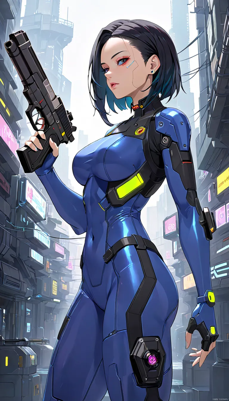 blue bodysuit、highlight body lines、 black hair、beauties、Mechanical Watches、Cyberpunk、sci-fi animation、Pistol、thick metal belt