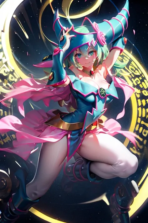 circle Hatsune Miku disguised as dark magician girl. Sensual and seductive pose. magic background 