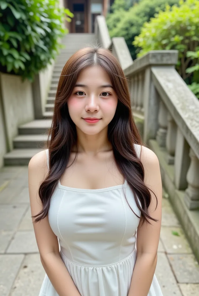 . This high-quality photo captures the body of a 19-year-old Japanese woman with long curly brown hair and white skin. She is looking at the audience with a sweet smile, she is wearing a dress. Thai high school student. She is walking down the stairs. This...