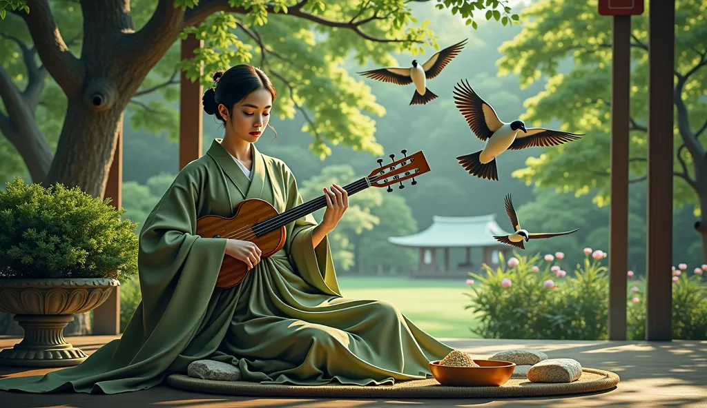  8k resolution、A girl playing a koto、bird