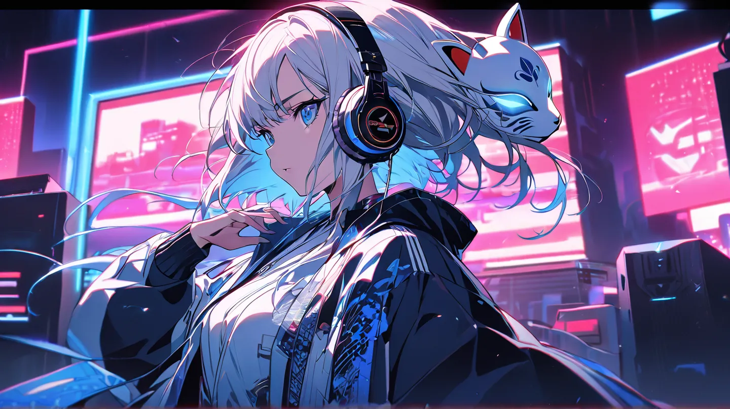 A high-quality, anime-style illustration of Yuki, the ‘Lofi Shrine Maiden of Snow,’ as a futuristic DJ. She wears sleek, wireless headphones and a modern sukajan jacket over a traditional white and blue kimono, blending traditional Japanese aesthetics with...