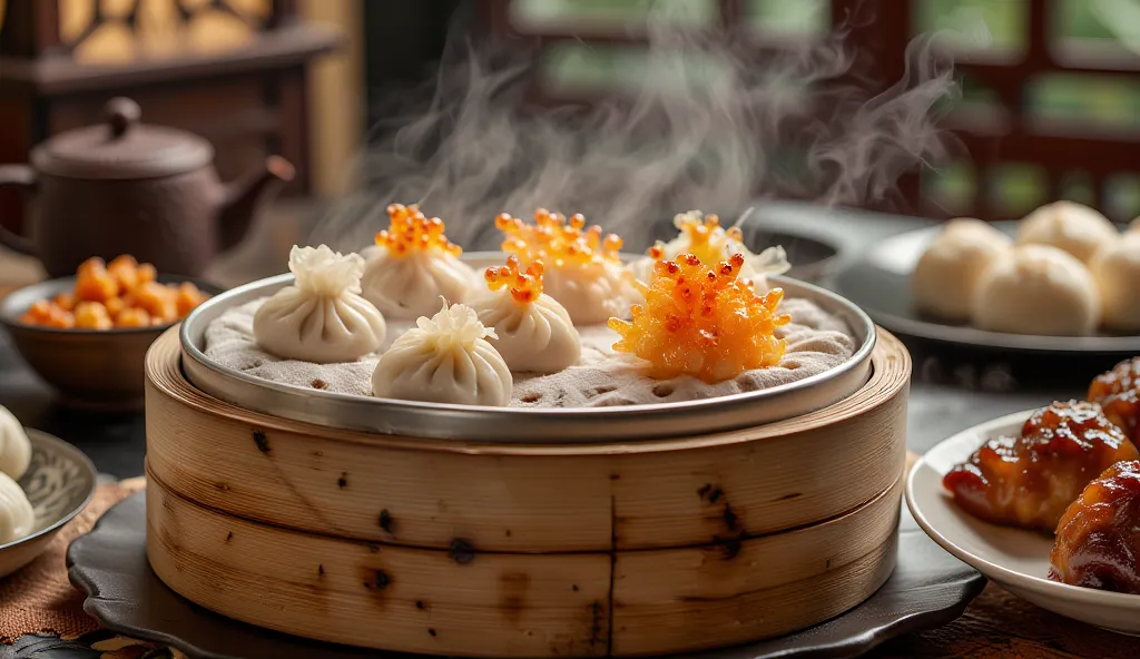 A steaming bamboo basket filled with delicate dim sum dumplings, including translucent shrimp har gow, plump siu mai topped with orange roe, and soft char siu bao. The table is set in a traditional Cantonese teahouse with warm lighting, wooden decor, and a...