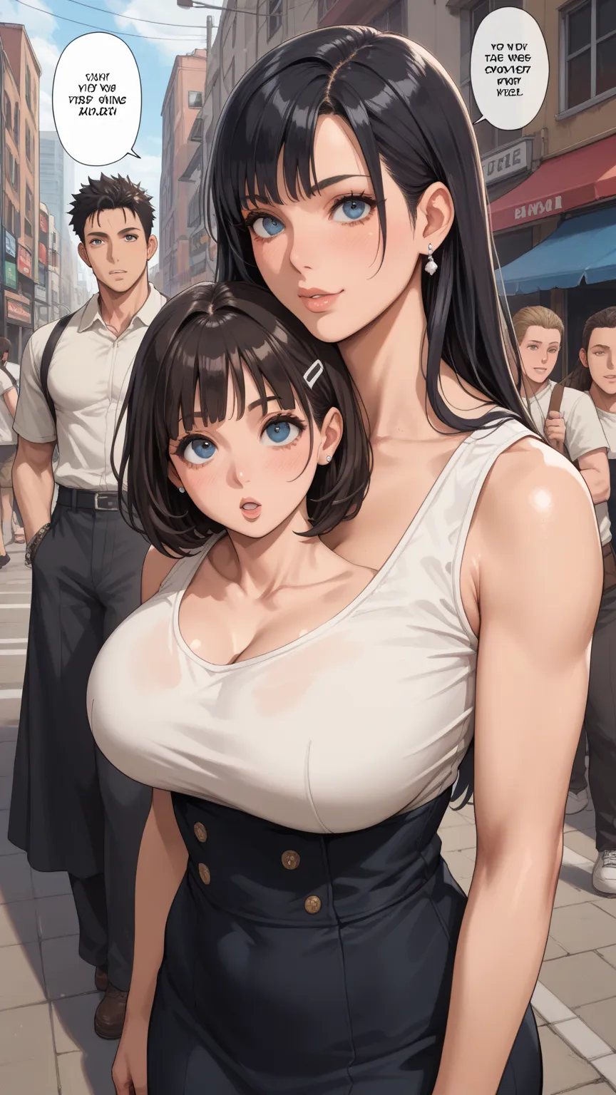 The image is a black and white manga style illustration featuring the three characters. In the middle, a boy with short black hair and big eyes looked up. Flanking him were two tall women with different hairstyles and expressions. The woman on the left has...