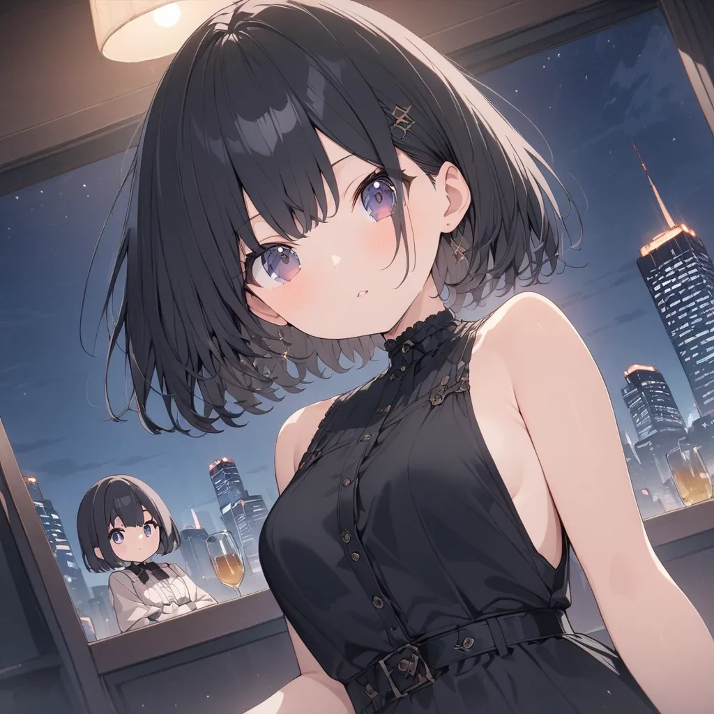 (((anime))) ,( black hair),short hair,, (dark eyes),,, 　、Random Outfits　random pose for flat breasts, night ,Star Masterpiece ,Top Quality, exquisite,8k,absurd,super precise illustration,( viewers)