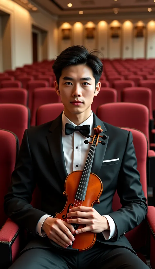 (photorealism:1.2),  very Handsome japanese man, 22-27 year-old, Sitting in the auditorium,He is a violinist, look at the camera 