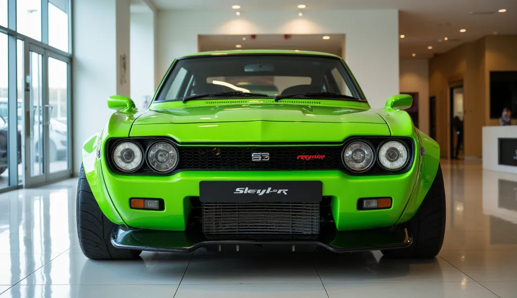 Realistic of futuristic 1969 Nissan Skyline GT-R , with modification, good looking, Bright green color, full front view, parked in luxury showroom .The background features a contemporary showroom setting with polished floors and natural light, enhancing th...