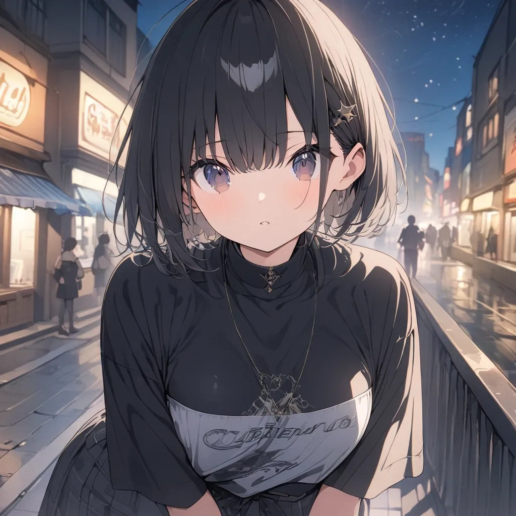 (((anime))) ,( black hair),short hair,, (dark eyes),,, 　、Random Outfits　random pose for flat breasts, night ,Star Masterpiece ,Top Quality, exquisite,8k,absurd,super precise illustration,( viewers)