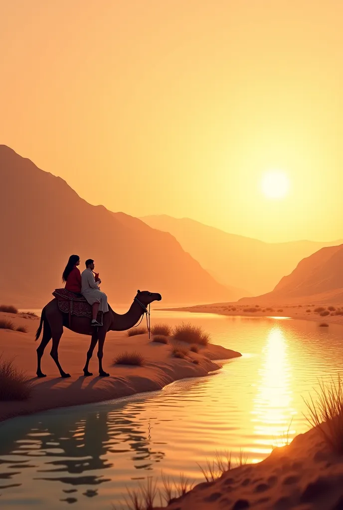 Couple on camel in side of river
