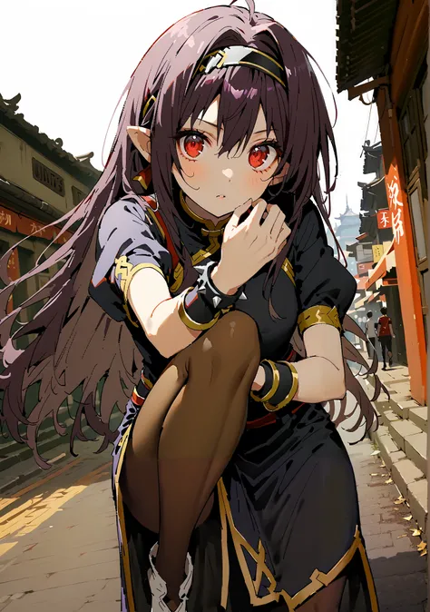 score_9, score_8_up, score_7_up,  source_anime,
 yuukiKonno, Konno Yuuki, headband, long hair, pointed ears, purple hair, red eyes, double chauban ,serious,close your mouth,chunlicosplay, Chunli \(cosplay\), blue  dress, boots, bracelet, brown pantyhose, c...