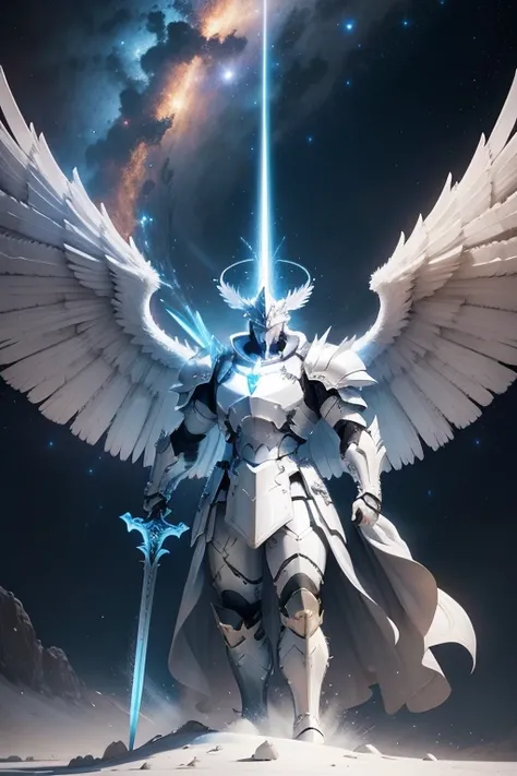 "An awe-inspiring light warrior with majestic white wings, a massive spiky halo, and gleaming white armor, wielding a colossal claymore sword, standing proudly with a humongous white galaxy in the background."