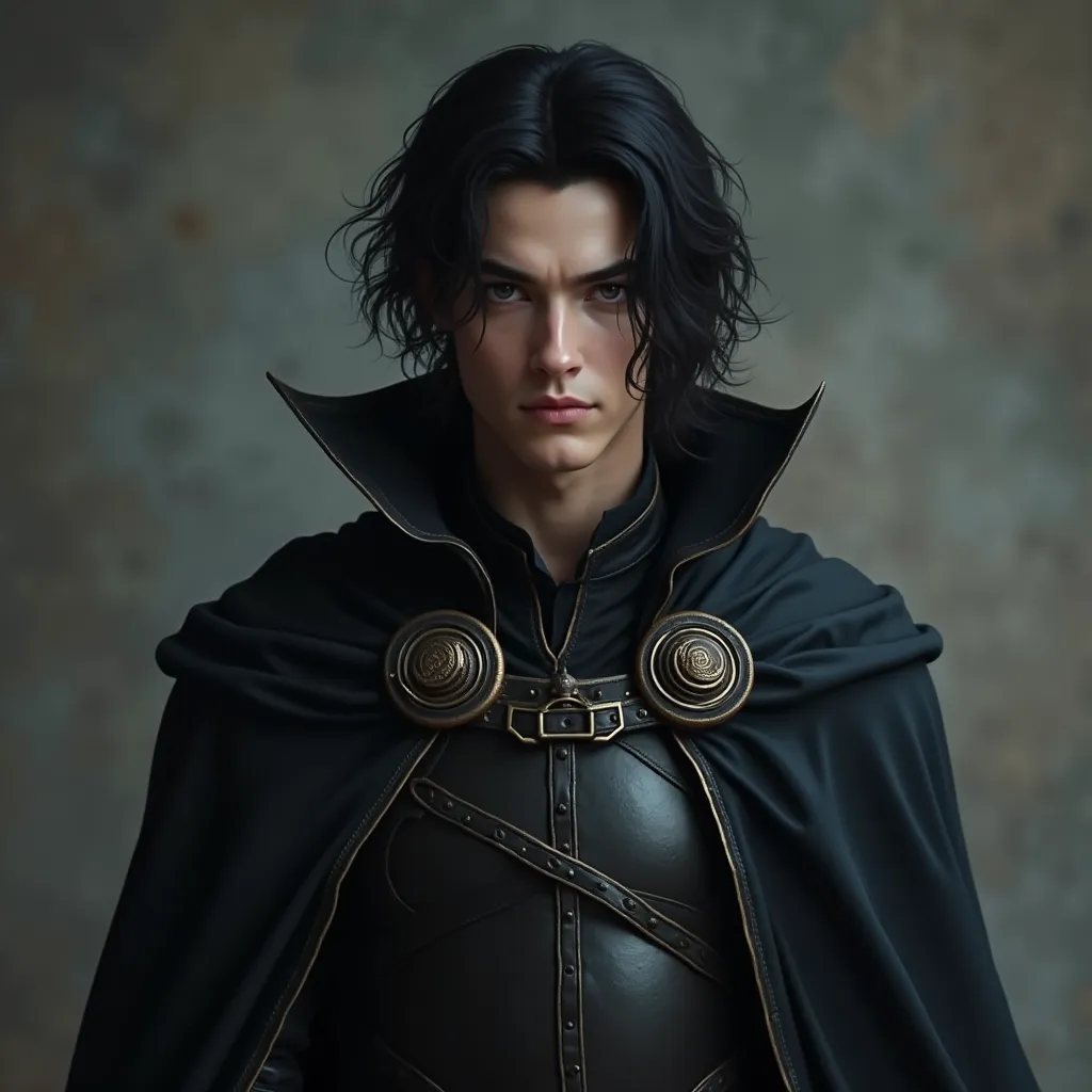 make me a 18 years old realistic man with a black curtain hair style black narow eyes he is wearing a fantasy cloths for upper body Eldritch Hunter’s Cloak Phantomsteel Breastplate Specterwoven Undershirt for lower body is Twilight Strider Trousers Ghostwa...