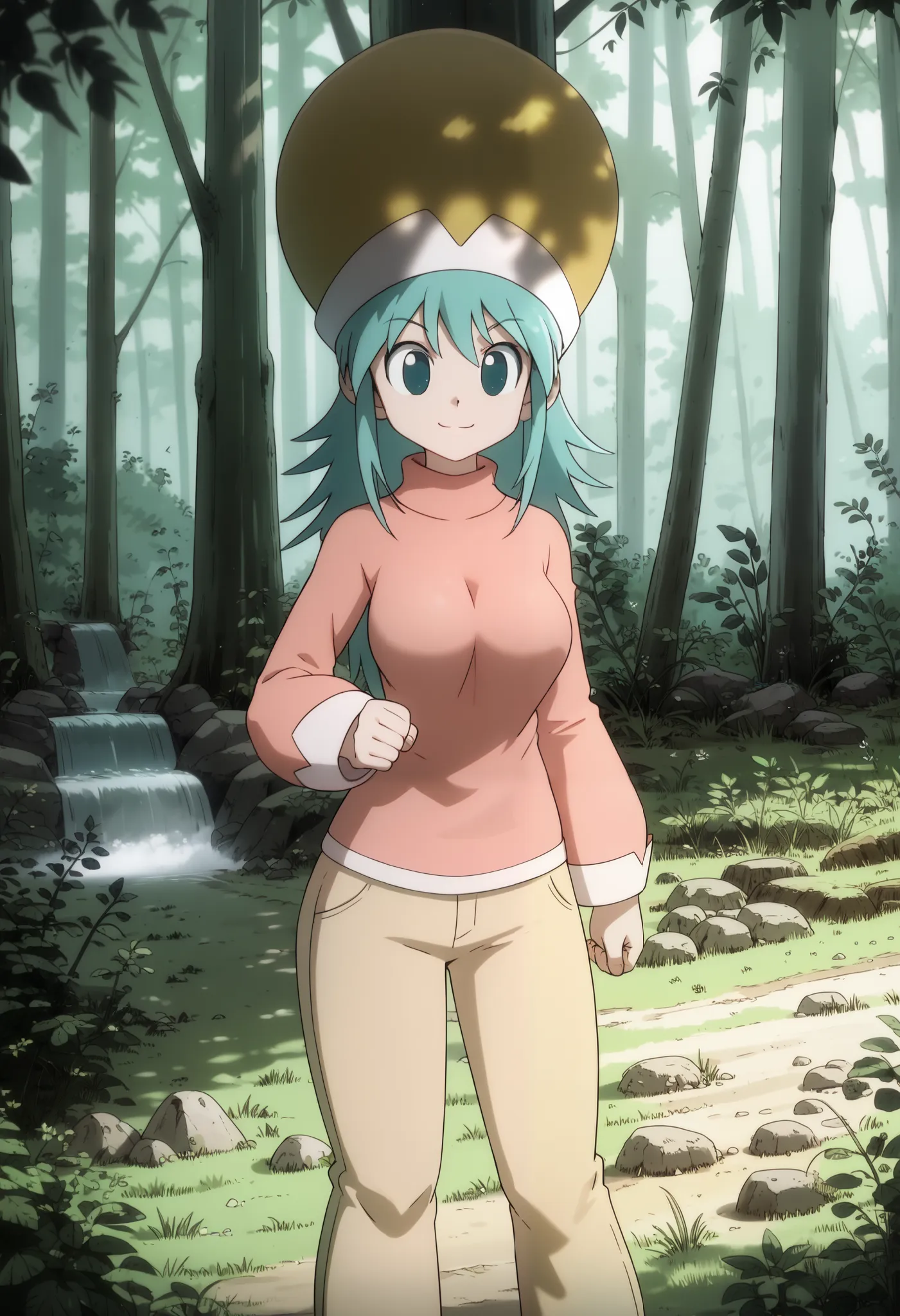 ponzu, hat, light blue hair, light blue eyes, smile, solo, score_9, (ultra nude breasts:1.2, ultra huge tits:1.2, ultra huge cleavages:1.2, ultra huge boobs:1.2), long sleeve pink shirt, red long pants, shoes, standing, in deep forest, trees, grasses, rock...