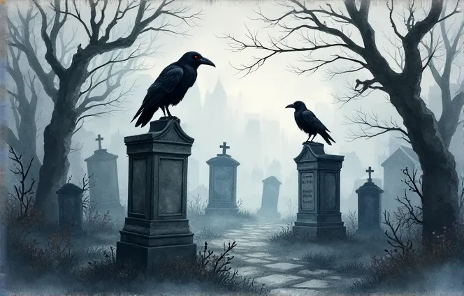 In watercolor . A dark and eerie graveyard with crows