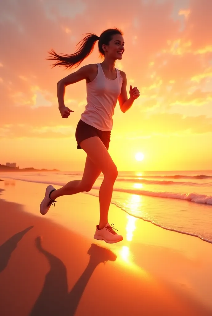 A girl running in a beach at sunset 