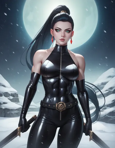 female black sleeveless latex bodysuit, black belt, black long tight pant, racerback, bare shoulders, long elbow gloves, black gloves, toned arms, beautiful faces, black ponytail with showing forehead, long ponytail, earrings, soft smooth skin, pale skin, ...