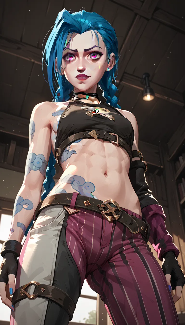 jinx, woman with blue hair and tattoos, long hair , short hair, navel, sex,  nude, Porn, erotica,  bare shoulders are visible, with mouth closed, buttocks, erotica, highlighted sleeves, очень sexуальная, fingerless gloves,  pink eyes , double braids, below...