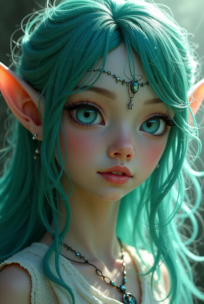 Elf with emerald hair and blue eyes realistic manga style 