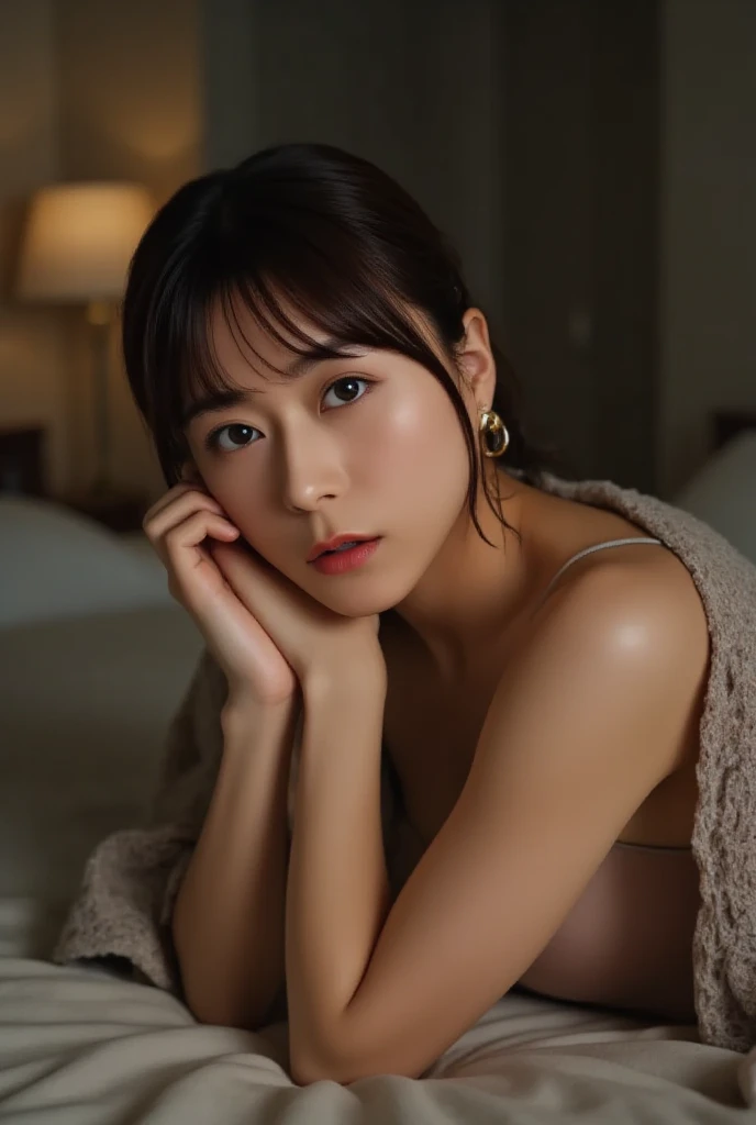 In 8K、raw photos of Kao all、Top Quality、realistic、photorealistic、professional lighting、masterpiece、 very delicate and beautiful woman). Woman lying on the bed next to me in a dim room at night, Lying on her cheek, staring at me. She's completely naked and ...