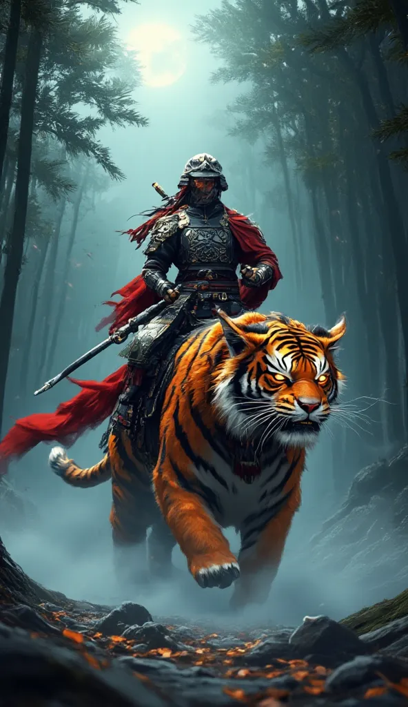 hyper-realistic scene of a massive Chinese guardian beast, the giant Siberian tiger, carrying a legendary Qin Dynasty warrior through a misty, ancient forest. The tiger’s muscular frame ripples beneath its thick, golden-orange fur, marked with deep black s...