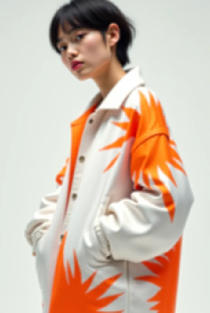 Draw a white satin oversized jacket with orange prints