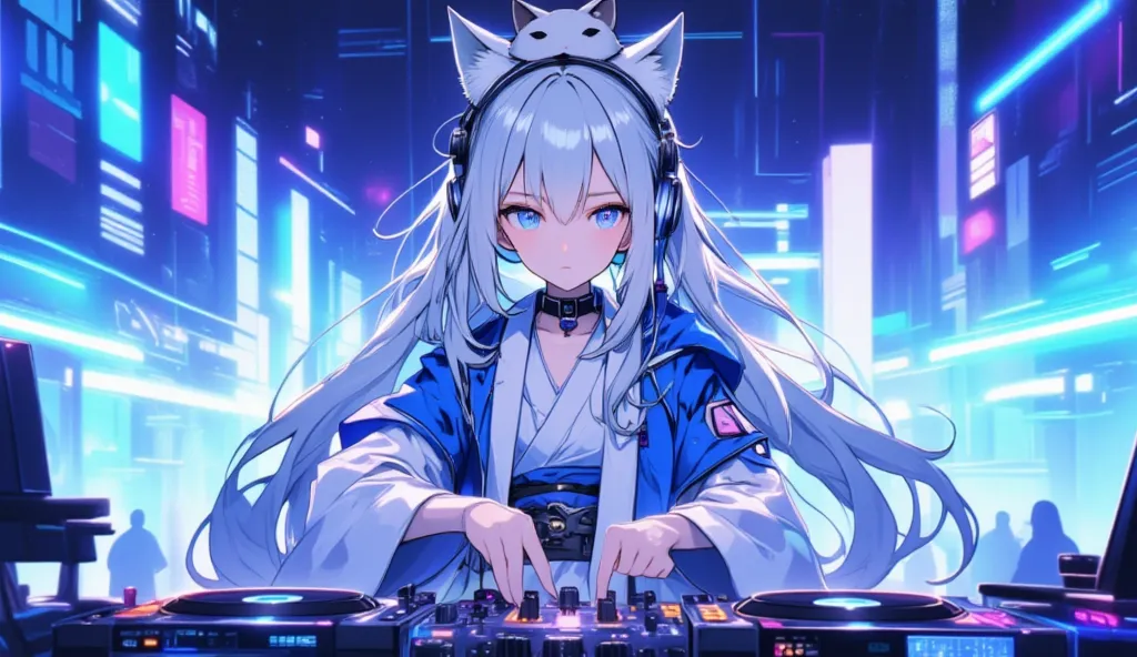 A high-quality, anime-style illustration of Yuki, the ‘Lofi Shrine Maiden of Snow,’ as a futuristic DJ. She wears sleek, wireless headphones and a modern sukajan jacket over a traditional white and blue kimono, blending traditional Japanese aesthetics with...