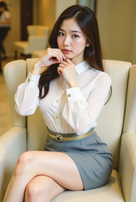 a young woman seated on a light-colored chair in an indoor setting, likely an office or lounge. She has long, dark hair styled neatly, and her expression is poised and confident. She is dressed in a professional yet stylish outfit, consisting of a white bl...