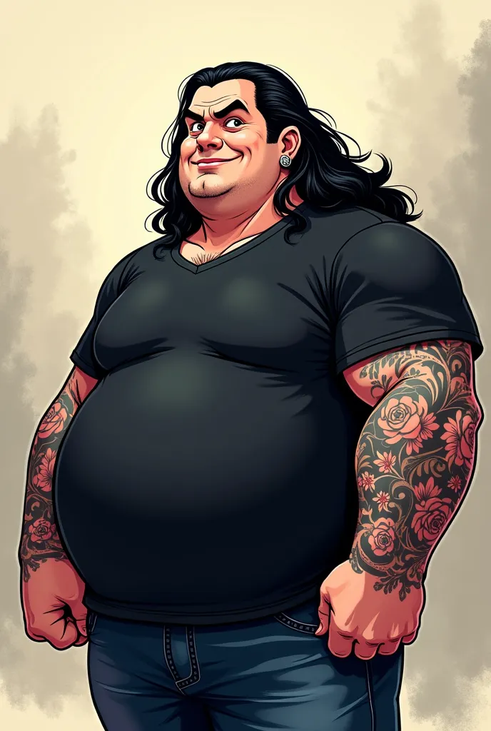 fat, long hair, man,white skin, black hair, black tshirt, with tattoo, cartoon, muai