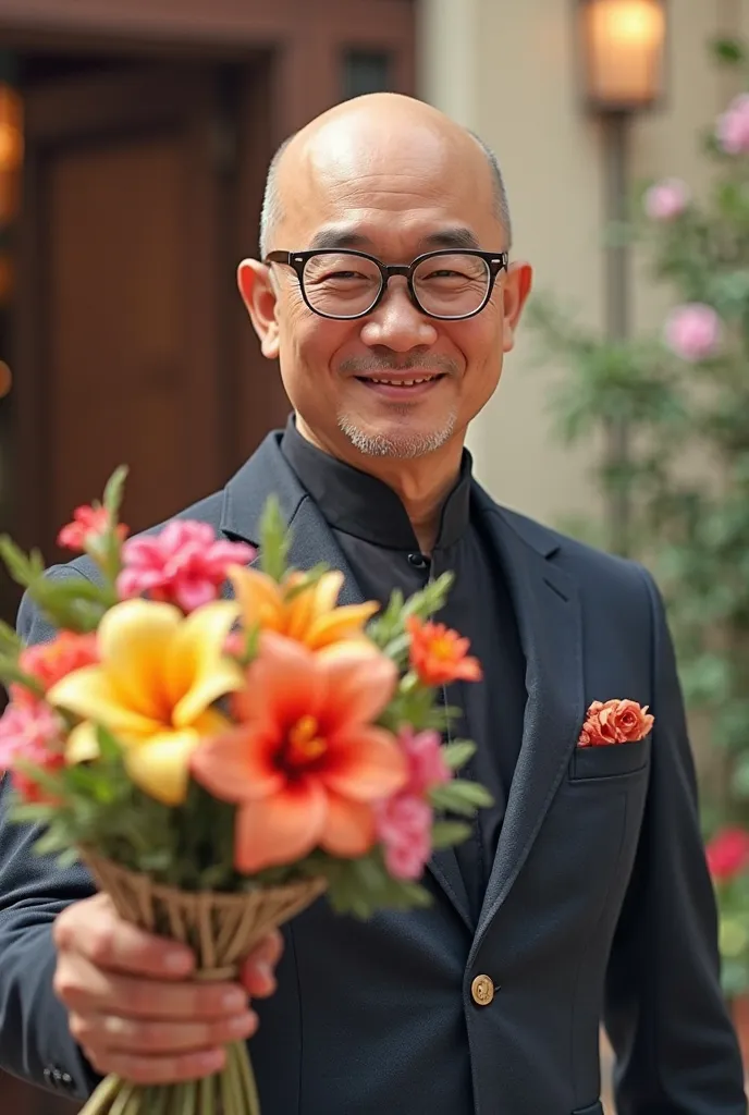 Bald Chinese, in a fashionable , in glasses, holds out a bouquet of flowers and smiles