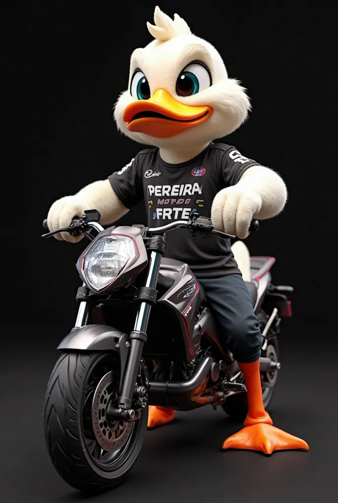 
.

"Generate an image of a duck mascot for an e-sports team. The duck is wearing a black and white jersey with vertical stripes, with 'Pereira Moto Frete' written on it. It's also wearing black motorcycle pants. The duck is riding a CG 360 motorcycle, wit...