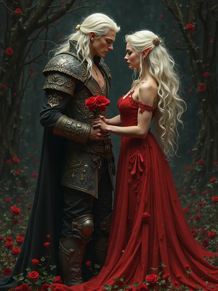 romantic fantasy scene, image of beautiful elven woman she stands upright, ((full length)), and a warrior man he hands her a red rose, on (dark background), stylized by Jay Anacleto and Anna Ignatyeva. Unique masterpiece of mystical fantasy by Karol Bak, u...