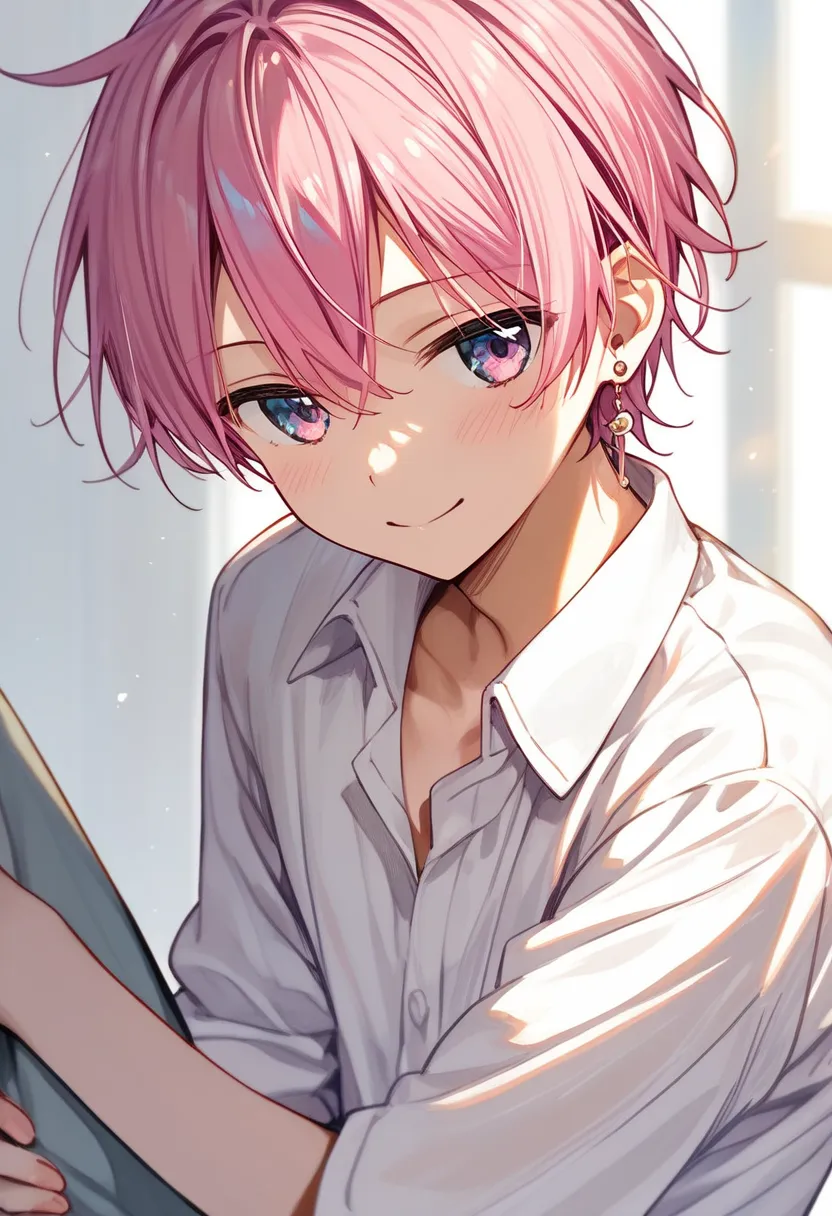 ((１ male :)),  perfect face,  beautiful face,、earrings、   high definition face，( With pink hair、腰まで伸びる長い髪の male  :1.3)，shirt、smile、living、