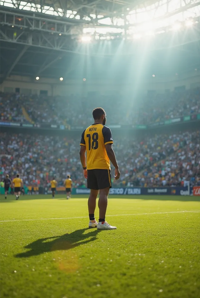 A footballer named Nthi is the captain of the No.18 team standing in the middle of the field and his team wins, with his mother and girlfriend cheering on the amphitheatre. The light splashes down onto the pitch, the green Vee lawn, making it visually appe...