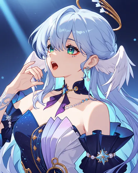 1 girl,robin (honkaistarrail),honkaistarrail,blue light hair,singing with michrophone,pretty face,half body,white simple background, potrait shot,pretty vibe,