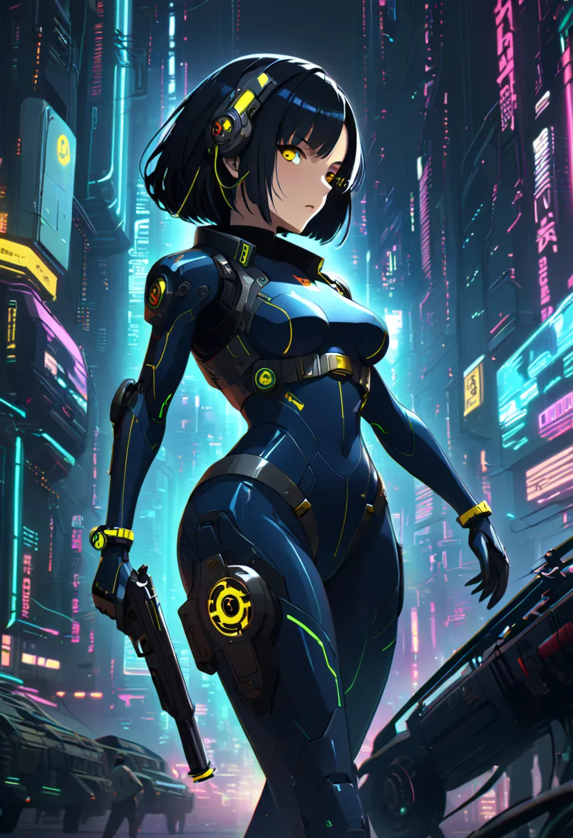 blue bodysuit、highlight body lines、 black hair、beauties、Mechanical Watches、Cyberpunk、sci-fi animation、Pistol、thick metal belt