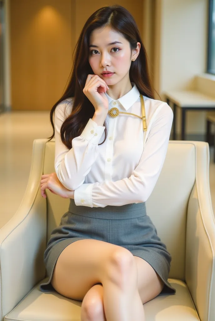 a young woman seated on a light-colored chair in an indoor setting, likely an office or lounge. She has long, dark hair styled neatly, and her expression is poised and confident. She is dressed in a professional yet stylish outfit, consisting of a white bl...