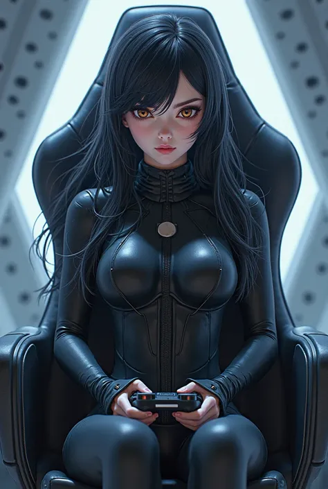 Anime girl with dark long hair, with brown eyes in a bodysuit sits on a gaming chair with a gamepad 