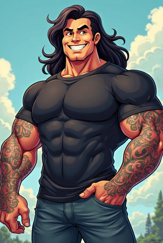 fat, long hair, man,white skin, black hair, black tshirt, with tattoo, cartoon, muai, smile