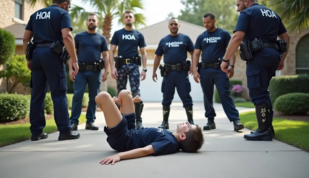 A 16-year-old boy is lying on the ground of his driveway, he has one leg raised but only half of his leg, because he used to have a prosthesis. It should be clear that the prosthesis fits him. He is scared, crying...

In front of him are several HOA police...