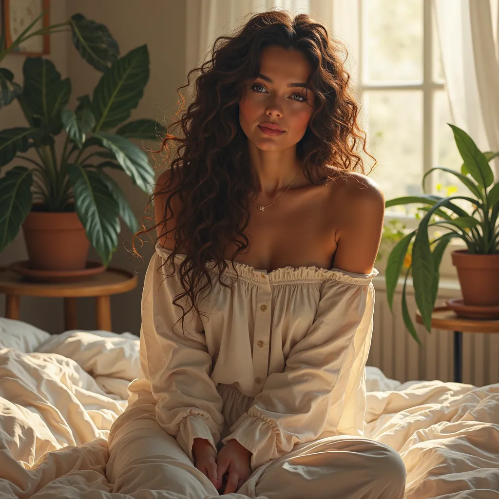 (photorealism:1.2), beautiful woman, sitting on bed, wearing loose off-shoulder top, pajama pants, long curly hair, indoors, soft lighting, plants in background, window with sunlight, cozy room, relaxed pose, realistic, intricate details, warm colors, by G...