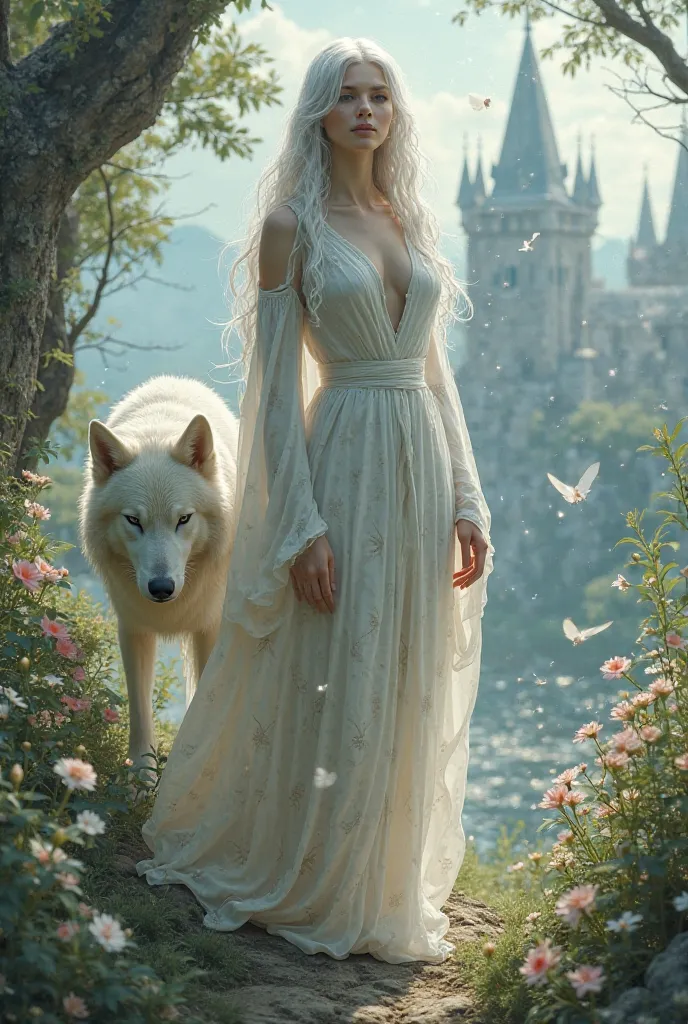 A beautiful sorceress with a white she-wolf surrounded by flower fairies against the backdrop of a castle and nature