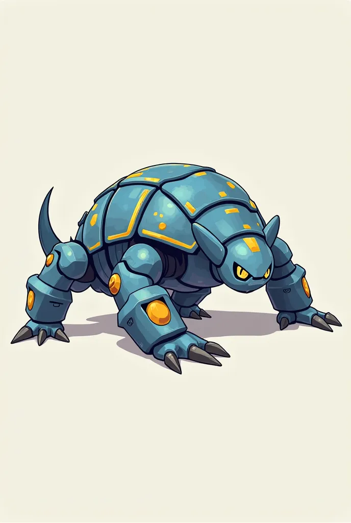 A steel type Pokémon blue and yellow medium crawling on 4 legs like a animal 2d
