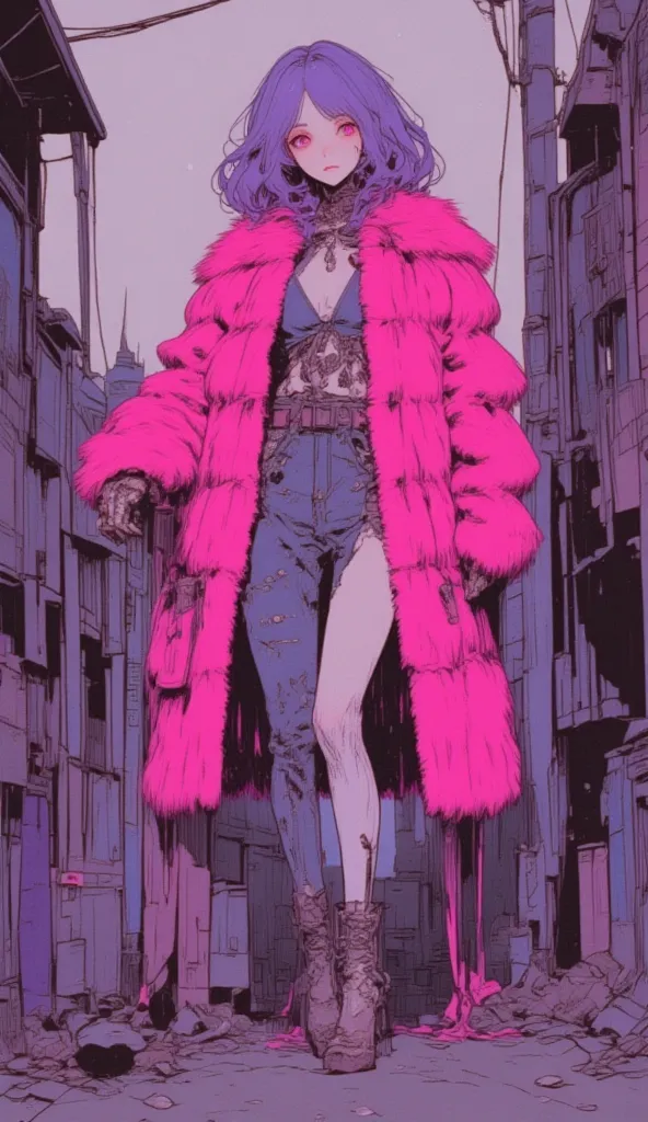 Tim Burton Style、 young woman、light violet soft curly hair、neon pink fur coat、Pantless Look、high heels、Chest Valley、