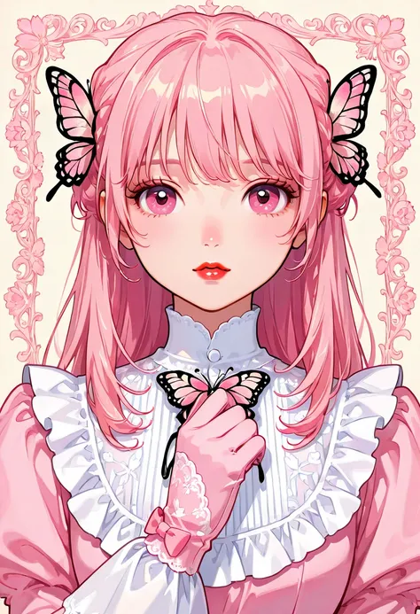 (( Neutral features and simple vanity. Red lips, decorative gloves, Victorian butterflies, style of development, pink hair, beautiful pink eyes, Victorian era dress, pastel colors, anime style, simple drawing
、