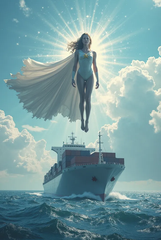 super woman who ,like an angel hovers over a container ship in the sea