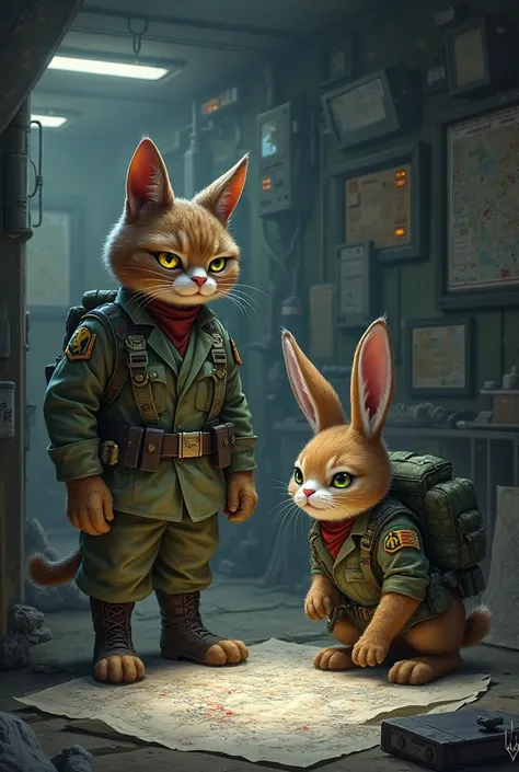 Soldier cat and soldier rabbit make plans 