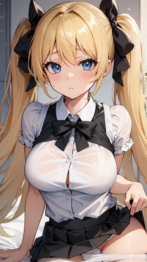 {{{masterpiece}}}, {{{best quality}}}, {{{super detailed}}},{{{very delicate and beautiful}}}, {{{blond with a big face}}},{{{twin tails}}},{{big breasts}},cute face,{{ troubled face}},{{blouse}},{{miniskirt}}, {{{skirt lift by mysel,}}},{{{white Satin Pan...