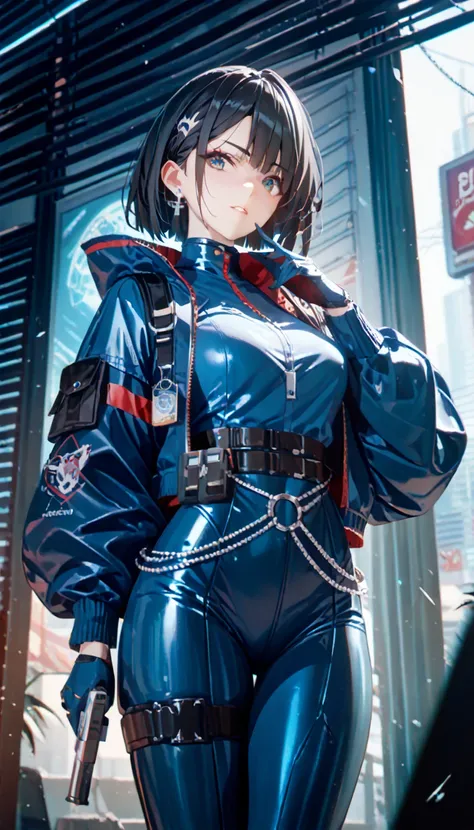 blue bodysuit、highlight body lines、 black hair、beauties、Mechanical Watches、Cyberpunk、sci-fi animation、Pistol、thick metal belt